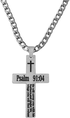 M Men Style Chrismax Gift Jesus Cross Psalm 91:4 With 22 Inch Steel Chain Sterling Silver Stainless Steel Pendant