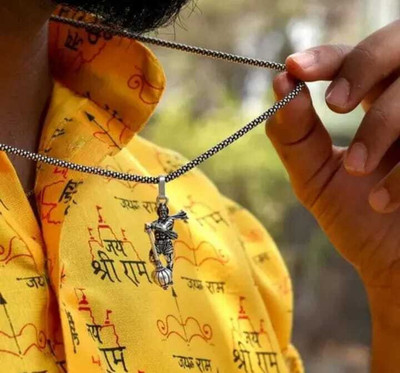 Whitechimes Silver Plated Hanuman Ji Pendant with Gada & Stainless Steel Chain Silver Stainless Steel Pendant