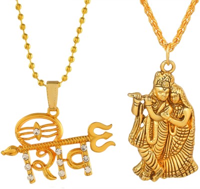 Morvi Gold Plated CZ Lord Shiv Trishul with Radha Krishna Combo Pendant Locket Men Gold-plated Cubic Zirconia Brass Pendant