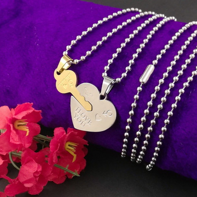 RJ IMITATION I Love You Dual Hearth Pendant Locket Chain Stainless Steel Pendant For Couple Rhodium Stainless Steel Pendant