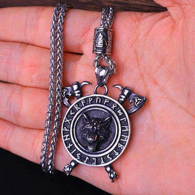 pasu fashion Viking Wolf Rune Pendant Necklace with Double Axe Design Stainless Steel Pendant