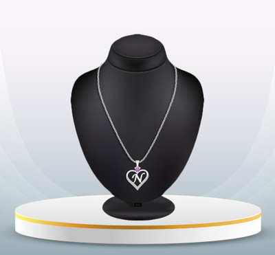 Heer Collection Heart Shape Alphabet 'N' Valentine Special Pendant Propose Wedding Silver Cubic Zirconia, Crystal Brass, Copper Pendant Set
