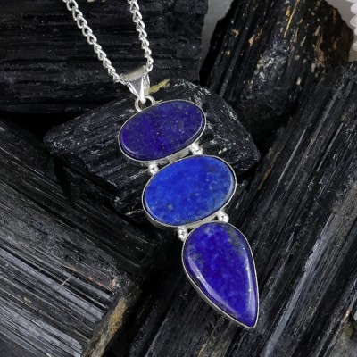 REIKI CRYSTAL PRODUCTS Natural Three Lapis Lazuli Stone Oval Shape Pendant with Metal Chain for Unisex Lapis Lazuli, Agate, Crystal Stone Pendant