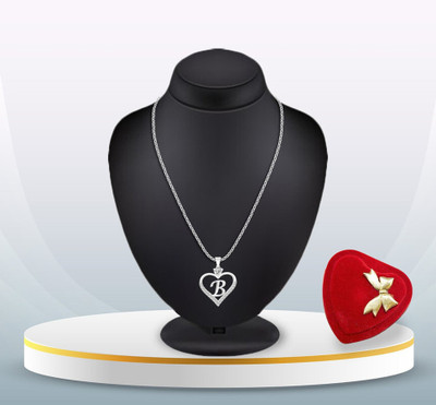 Heer Collection Heart Shape Alphabet 'B' Special Pendant Propose Wedding Anniversary Silver Cubic Zirconia, Crystal Brass, Copper Pendant Set