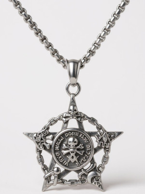 RAPPERSSHOP Star Shape Pentagram Skull Skeleton Pendant Necklace Silver Stainless Steel Pendant Set
