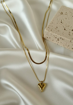 Primevibe Double Layered Necklace with minimalist Heart pendant Snake Chain Gold-plated Stainless Steel Pendant