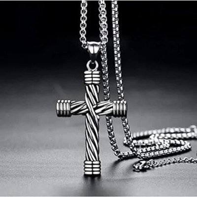 ringzinnie Cross Necklace for Men Vintage Twisted Religious Cross Pendant With Chain Sterling Silver Zircon Stainless Steel Pendant Set