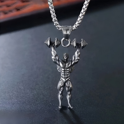 P R Production Strong Man Dumbbell Pendant for Men, Muscle Men Sport, Fitness Gym Jewelry Silver Alloy Locket Set