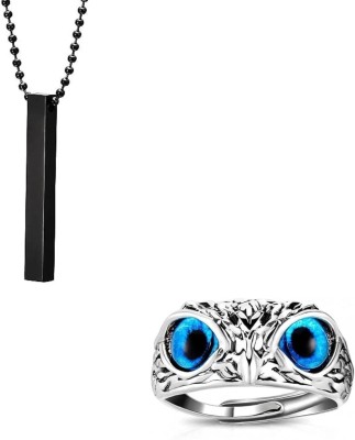 zayraa Combo Of 3D Bar Pendant And Owl face Blue Eyes Adjustable Finger Ring for Mens Silver Stainless Steel, Alloy, Metal Pendant