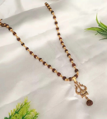 Malas Collection Natural Rudraksha Mala in High Gold Plated Cap with Trishul Rudraksha Gold-plated Wood Pendant Set