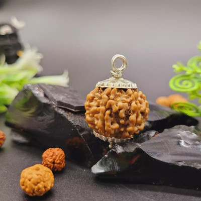 leahyallen Brown Non-Precious Metal Rudraksha 4 Mukhi Nepali Rudraksha Certified 4 Faced Silver Wood Pendant