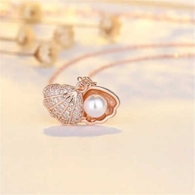 Karishma Kreations Rose Gold CZ Pearl Oyster Necklace Seashell Minimalist Clam Summer Pendant Silver, Gold-plated, Platinum, Titanium Cubic Zirconia, Crystal Stainless Steel, Alloy, Brass Pendant