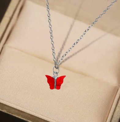 Adhvik Red Valentine's Day Butterfly Charm Locket Pendant Necklace Clavicle Chain Stainless Steel Pendant Set