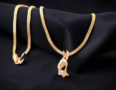 DIVS FASHION Fish diamonds pendant with micro gold plated chain Gold-plated Brass Pendant Set