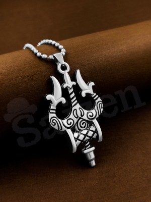 Saizen Saizen Oxidised Silver Trishul Damru Locket for Men and Women Rhodium Stainless Steel Pendant