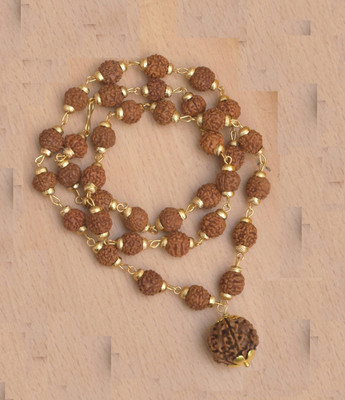 GIACOMO Purest Natural 5 Mukhi/Five Faced Nepali Rudraksha with Rudraksh Gold Cap Mala Gold-plated Beads Wood, Alloy Pendant Set
