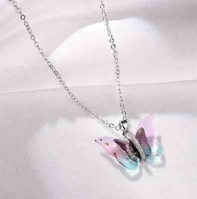 Adhvik Pink AD Nug Colorful Butterfly Wing Pendant Locket Necklace With Clavicle Chain Stainless Steel Pendant Set