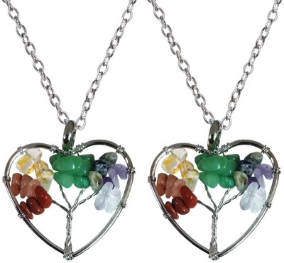 Adhvbik 2 Pc Healing Stone 7 Chakra Tree Of Life Wire Wrapped Heart Shape Locket Pendant Stainless Steel Pendant Set