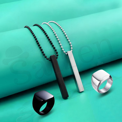 Saizen Stylish Silver- Black 3D Vertical Bar Locket with finger ring set Black Silver Stainless Steel Pendant Set