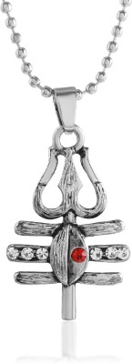 RN Silver Plated CZ Lord Shiv Symbol Trishul Tilak Om Pendant Locket for Men Silver Cubic Zirconia Brass Pendant