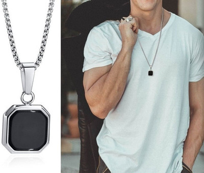 Whitechimes Men And Women Black Onyx Octagon Inlay Square Pendant Amulet Pendant Silver Agate Stainless Steel Pendant