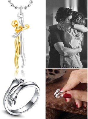 De-Ultimate X000003 Couple Hugging Hand Hug Me Thumb Finger Ring And Locket Pendant Necklace Stainless Steel Pendant