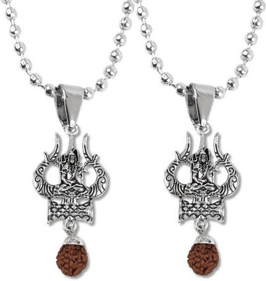 Utkarsh Set Of 2 Rudraksha Trishul Damru Sitting Shiva Mahadev Mahakaal Pendant Locket Silver Stainless Steel Locket Set