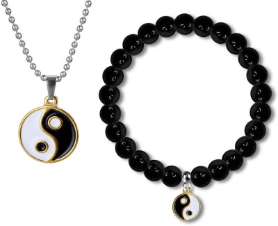 Adhvbik Taoism Yin Yang Day Night Fengshui Pendant Locket & 8mm Moti Wrist Band Bracelet Stainless Steel Pendant Set