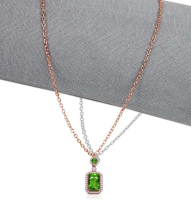 Utkarsh Rose-Gold AD Nug Ractangle Emerald Cut Green Diamond Pendant Locket Necklace Stainless Steel Pendant Set