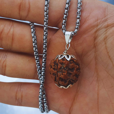 Plus Treasure Purest Astrological Original Natural 4 Mukhi/Four Faced Nepali Rudraksha Pendant Silver Beads Brass, Wood Locket Set