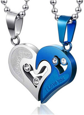 Riingzinee Bottel Pink Heart Necklace Pendant for Boy Rhodium Zinc Pendant Set