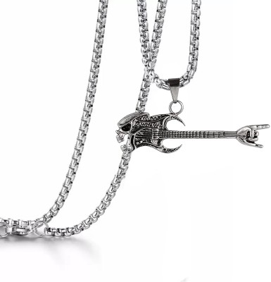 Sullery Bikers Gothic Skull Guitar Rock n' Roll Stainless Steel Pendant Necklace Sterling Silver Stainless Steel Pendant