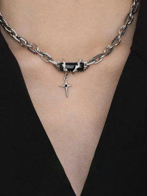 Salty Rugged Black Neck Chain for Men & Boys | Modern| Locket | Stylish Stainless Steel Pendant Set