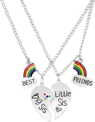 mahi Rainbow Best Friends, Broken Heart Small Sis and Big Sis Pendant Necklace Chain Rhodium Alloy Pendant