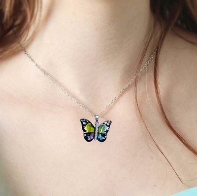 Adhvik Multi Colorful AD Nug Butterfly Wing Pendant Locket Necklace With Clavicle Chain Stainless Steel Pendant Set