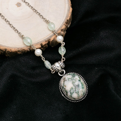 ShrimJewels Elegant Oxidised Silver Green Moss Agate & Pearl Pendant Necklace Agate, Pearl Copper Plated Brass, Stone Necklace