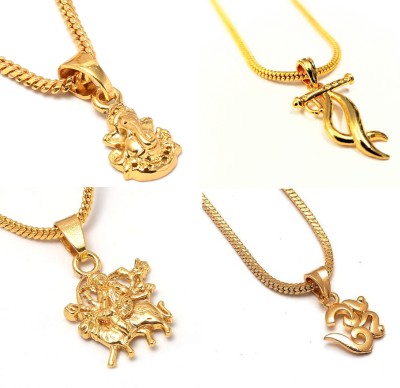 PYR Fashion 4 Pendant with 1 Chain Ganesh Ji, Durga Mata, Om, Krishna for Girls Gold-plated Brass Pendant Set