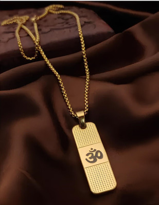 Karishma Kreations Karishma Kreations Rectangle Flat Bar Om Design Locket Pendant With Box Chain Gold-plated Stainless Steel Pendant