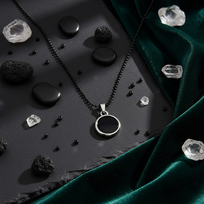 Jewel Harbour Stone Circle Pendant with Black Chain Necklace for Unisex - Anti Tarnish Silver Stainless Steel, Metal Pendant