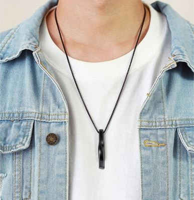 Vivity Twisted Cube 3D Vertical Bar Pendant Black Drop Locket With Ball Chain Black Silver Alloy Pendant Set