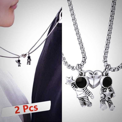 Whitechimes Astronaut Couple Magnet Attraction Locket Silver Stainless Steel Pendant Brass Locket Set