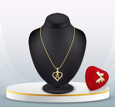 Heer Collection Heart Shape 'A' Valentine Special Pendant Propose Wedding Anniversary Gold-plated Cubic Zirconia, Crystal Brass, Copper Pendant Set