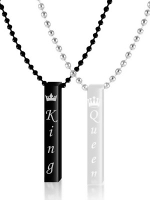 Aadishree Stylish Silver- Black 3D Vertical Bar King Queen Stick Locket Pendant Necklace Sterling Silver Alloy Locket Set