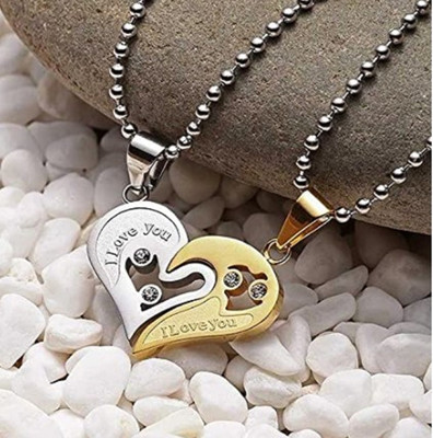 m a enterprises 2 Piece Silver & Gold Alloy Love Couple Pendant 1 Heart Chain Set for Men, Women Rhodium, Silver Alexandrite Alloy, Stainless Steel Pendant Set