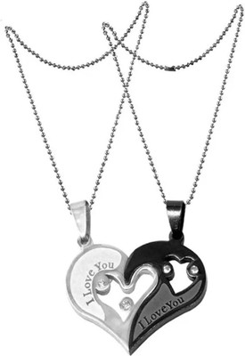 Whitechimes Black,Silver Unisex Couple Broken Heart Locket Pendant Necklace with Chain Silver Stainless Steel Pendant