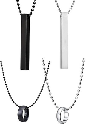Okos Black Vertical Bar Ring With Chain Silver Stainless Steel Pendant