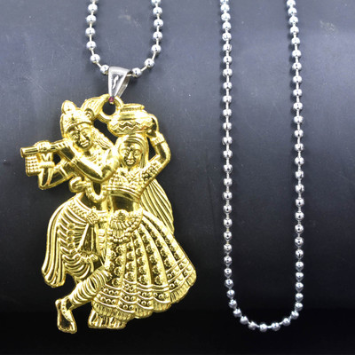 Abhiora Fashion Lord Radhey Krishna Murli Manohar Gold Bead Chain Pendant for Men and Women Metal Pendant