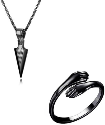 m a enterprises Stunning Trendy Combo of Black Arrow Pendant and Hug Ring for Couples Silver Stainless Steel Pendant Set