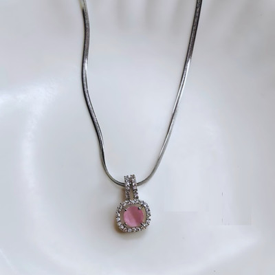 JRISSY Elegant Round Pink Stone Pendant with Halo Design Silver Alloy Locket