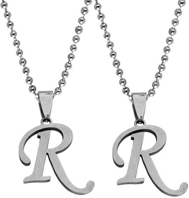 Utkarsh Set Of 2 Silver Name English Alphabet 'R' Letter Locket Pendant Necklace Chain Stainless Steel Pendant